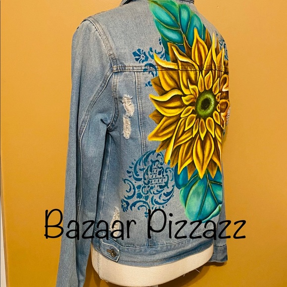 SOLD! Hand Painted Sunflower on a Denim Jacket - custom orders also available. - Picture 2 of 3